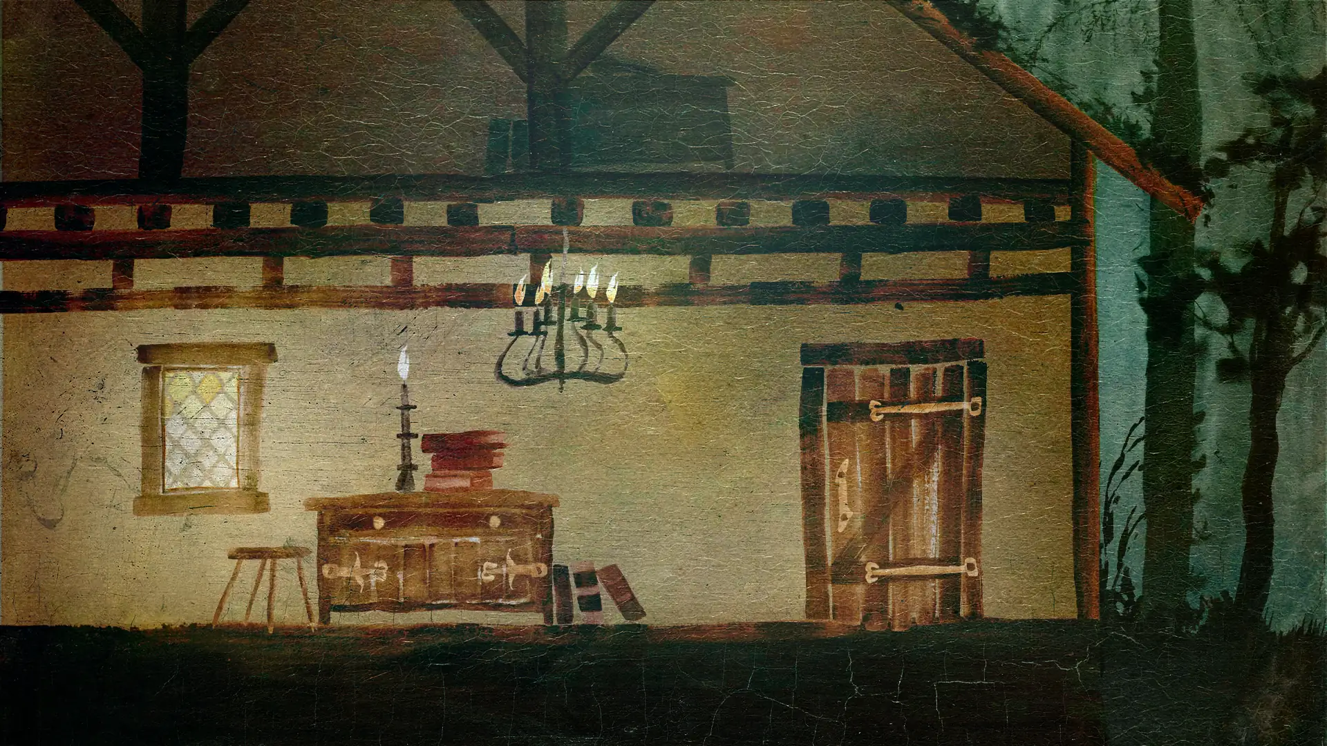 An illustrated cottage interior in the forest